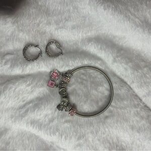 Charming Pink & Silver Charm Bracelet with Matching Hoop Earrings Set